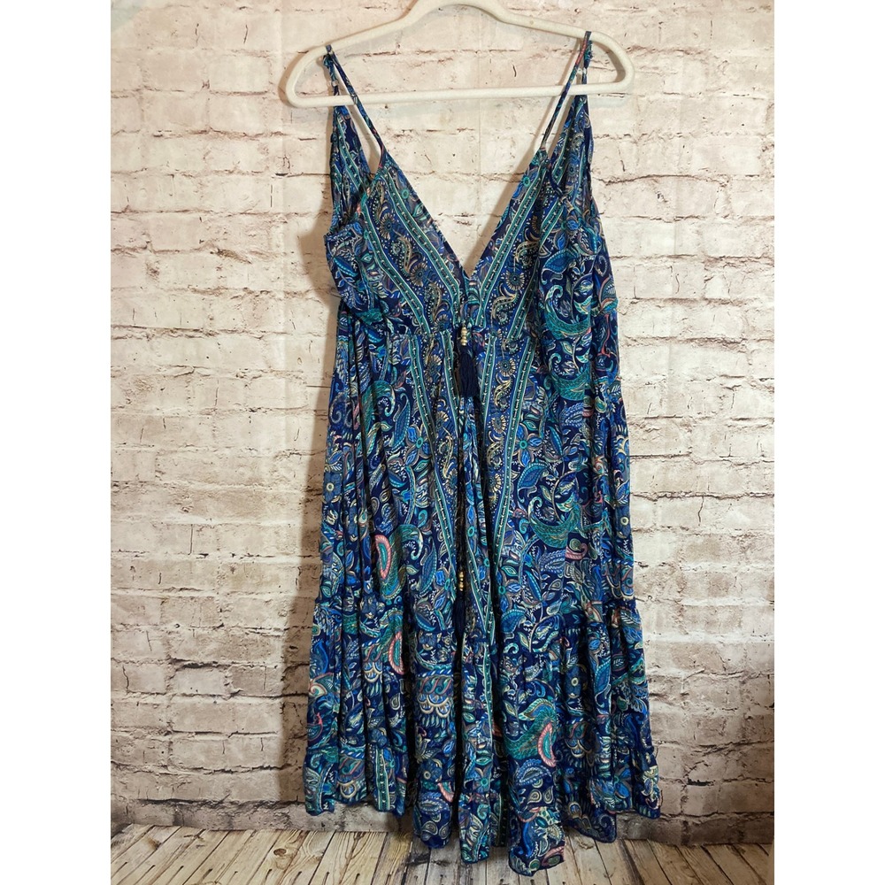 MT Collection Silk Boho‎ Dress One Size Blue Paisley Tassels Adjustable Waist
